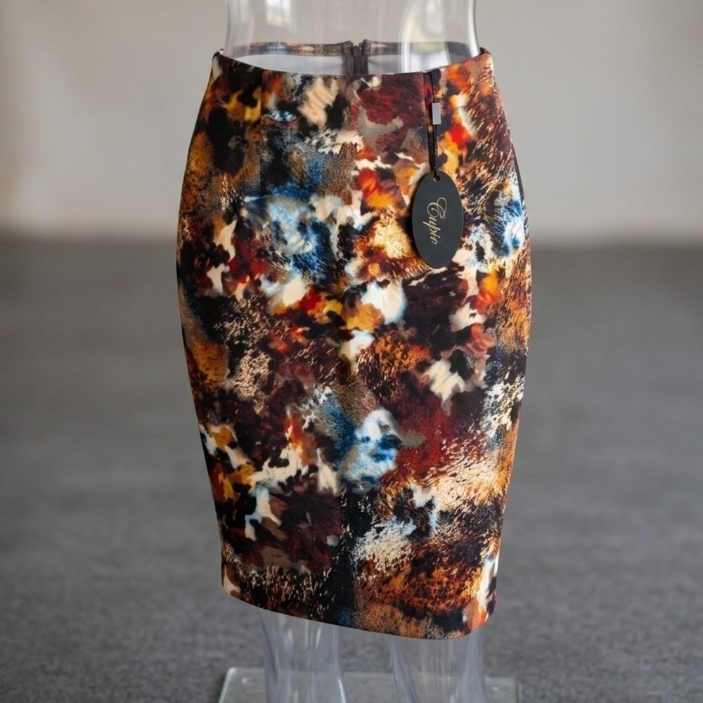 NWT Cupio Abstract Animal Print Pencil Skirt Small Burnt Orange Blue Earthy Boho